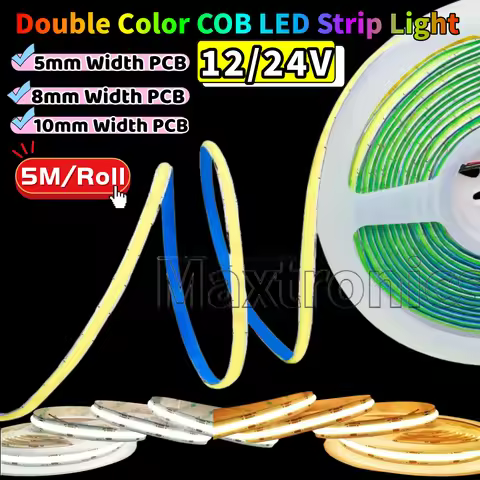 NEW 5M Dimmable Double Color COB LED Strip Light 12/24V DC 2700K to 6500K 608LED/M Linear RA90 5/8/1