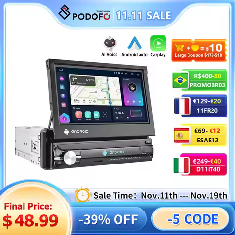 Podofo Android 1 Din Car Radio Tape Recorder GPS Navigation 7" HD Retractable Screen Multimedia Vide