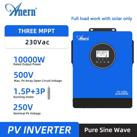 Anern 10000W 6000W Solar Inverters Off Grid Three Dual MPPT 4.5P 3P Motor 230Vac PV Inverter Pure Wa