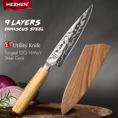 HEZHEN 5.1 Inch Utility knife Custom 9-Layer Damascus Steel with a 12Cr18MoV High-carbon Steel Core 