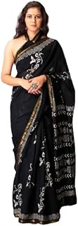Women's Hand Block Indigo Ajrakh Printed Cotton Zari Saree With Matching Blouse(Black)