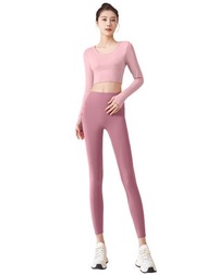 全城熱賣 - 秋季美背瑜伽服|瑜伽服套裝|帶胸墊|免穿文胸運動服|顯瘦健身套裝|修身提臀瑜伽服|芭比粉+豆沙粉 L（LHA-010）