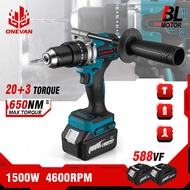 ONEVAN 650Nm 13MM Chuck Brushless Impact Drill Cordless Electric Screwdriver Lithium Batter Ice Breaker Digging For Makita 18V Battery