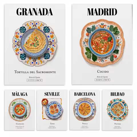 Seville, Madrid, Andalucia, Granada, gazpacho, stew, corn of the sacred mountain, paella, tapas art 
