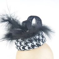 Pillbox Hat in Black &amp; White Houndstooh with Feathers,Sinamay Twirls and Veil