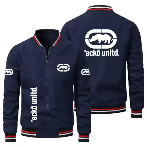 Spring Autumn Men Casual Jacket Ecko Unltd Rhino Print Stand Collar Zip Up Windproof Coat Street Fas