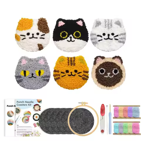 GATYZTORY DIY Punch Needle Cat Coasters Kit DIY 6pcs Animal Pattern Punch Needle Embroidery Set Coas