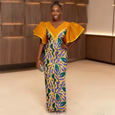 Africa Ankara Printed Women's Dress V Neck Short Sleeve Patchwork Petal Sleeve Dresses Casual 262500