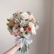 【鮮花】粉藍白色玫瑰藍星花典雅球形鮮花捧花