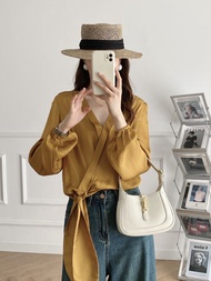Casual solid color   temperament V - neck satin bow tie cross top