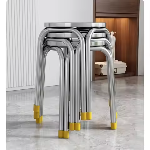 Simple Stainless Steel Round Stool Stackable Space Saving Kitchen Dining Chair Home Living Room Seat