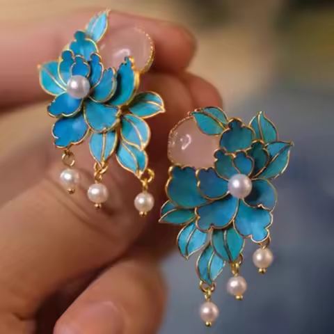 New In Court Style Peony Enamel Peony Earrings for Women Natural Hotan Jade Pearl Earings Jewelry Ch