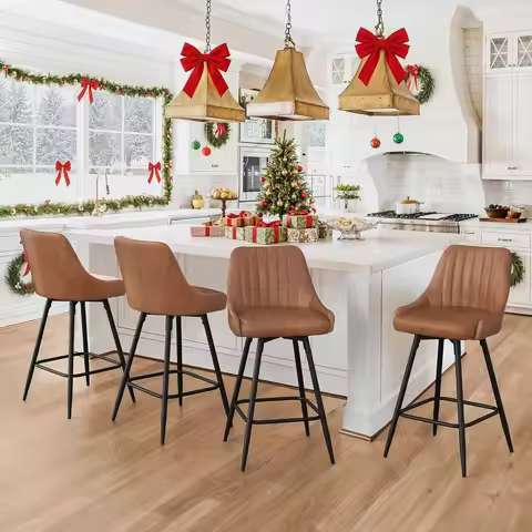 Set of 3 26 Swivel Bar Stools with Armrests, Metal Legs, Upholstered Seats, Suitable for Kitchen Isl