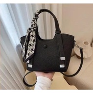 Women's soft leather 2-strap crossbody bag with Korean style silk scarf - going out, office bag - TX