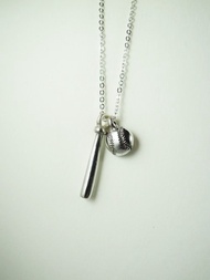 棒球運動-棒球(半面立體)+球棒 純銀項鍊 手鍊  手作 鎖骨鍊