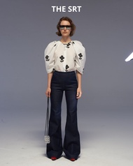 The SRT X7 Meta Denim Boot Cut Pants (TPN95) กางเกงยีนส์สีเข้มเอวสูงขาม้า มีซิปและตะขออยู่ด้านหลัง ม