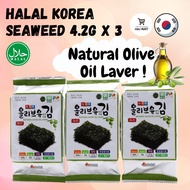 Halal Korea Seaweed 4.2g x 3 Natural Olive Oil Laver Seaweed Halal Korea Seaweed Snack