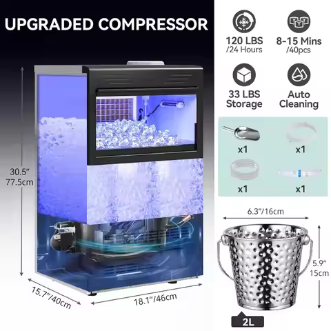 120LBS/24H Commercial Ice Maker Machine with 33LBS Storage Bin, 2 Way Water Inlet