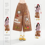 Cartoon Cat Embroidered Denim Cropped Pants Women Loose Straight Wide-Leg Pants


