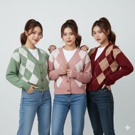 Korean Style Argyle Knit Cardigan for Women | Diamond V-Neck Crop Sweater All Size Pink Basic