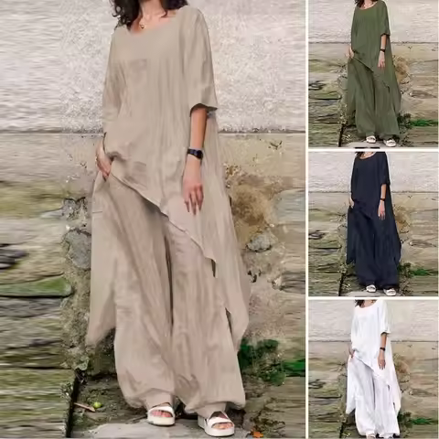2 pieces Women sets 2026 loose solid color irregular three quarter sleeve dress+pant two-piece setss