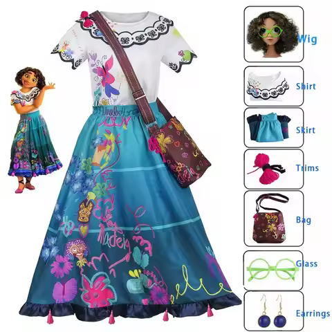 Iin Stock Encanto Cosplay Costume Princess Flower Mirabel Dress Wig Bag Glasses Sets Halloween Party