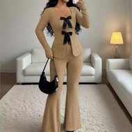 Women's Elegant Cloud-Like Fleece Ribbed Bowknot Collar Long Sleeve Cinched Waist Top And Flare Pant