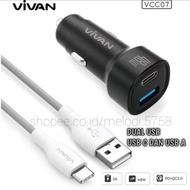 VIVAN Car Charger Super Fast Charging 48W Dual Port USB-A and Type-C With Led Car Charger Cable