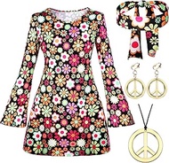 Haysandy 70s 80s Women Hippie Costume Set Disco Outfit Women Peace Sign Earring Necklace Headband Dr