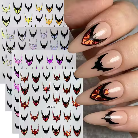 2-4pcs Holographic Laser Bat 3D Nail Art Stickers Black Bat French Y2K Dark Nail Decals DIY Manicure