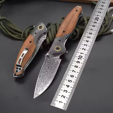 VG10 Damascus Steel Folding Knife, Rosewood Handle-light, Suitable For Camping, Fishing And Daily Ca