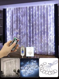 led 窗簾串光幕聖誕裝飾 LED 串燈溫暖遙控節日婚禮童話花環燈臥室裝飾 3 x 1M/100LEDs、3 x 2M/200LEDs、3 x 3M/300LEDs