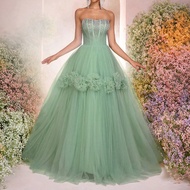 Elegant Luxury Embellished Tube Top Dress With Bejeweled Neckline, Ruffled Mesh Overlay And Volumino