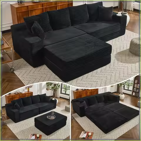 106" Modular Cloud Sofa - Boneless Couch, 4-in-1 Sofa Bed/Tatami/L-Shape, No Assembly, Black