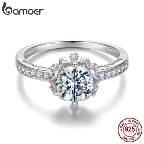 BAMOER D Color VVS1 EX Moissanite Flower Ring 1ct Round Moissanite Diamond Solitaire Engagement 925 
