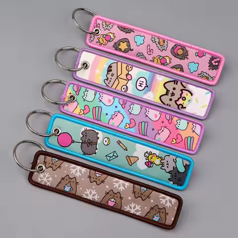 Cute 1PCS Cute Pusheen the Cat Key Fobs Holder Keychain for Motorcycles Embroidery Tag Key Ring Wome