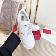 2023 Roger-Vivier-Rhinestone Square Buckle Sneakers Women 'S Slip-On Casual Sneakers Genuine Leather