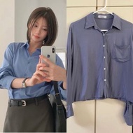 韓國牌子 The Ray 百搭顯白藍灰色寬鬆短版恤衫 襯衫 短款上衣 長袖上衣 長袖衫 blue gray loose blouse shirt top made in Korea 斯文OL返工必備