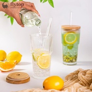 FLYTOP 20oz Borosilicate Glass Cup with Lid and Straw Vertical Stripes Tumbler for Iced Coffee Juice