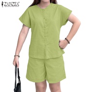 ZANZEA Women Korean Simple Round Neck Buttoned Short Sleeve Shirt And Causal Shorts Set