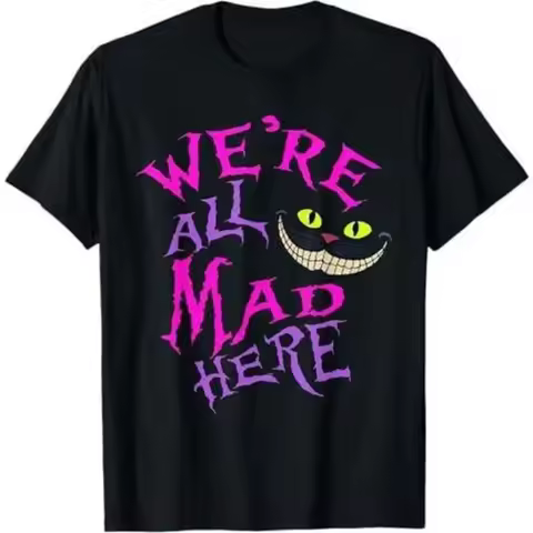 Cat with Mysterious Smile We're All Mad Here Wonderland T-Shirt T-Shirt Casual Fashionable Top Black
