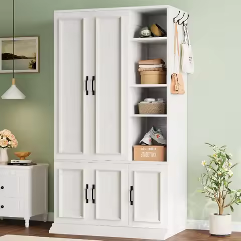 LIKIMIO Armoire Wardrobe Closet 70" H, 5 Doors Bedroom Wooden Wardrobe with 4 Storage Shelves and Ha