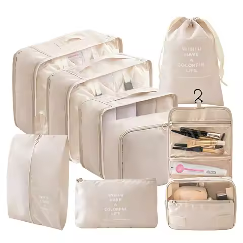 8PCS Travel Packing Cube Hanging Toiletry Bag Shoe Pouch Clothes Suitcases Storage Space Saving Lugg