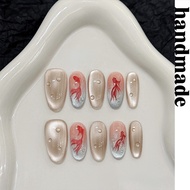 Press on nails handmade [Good Luck Koi] Spring New Style Long Shiny Cat's Eye Watercolor Goldfish Go