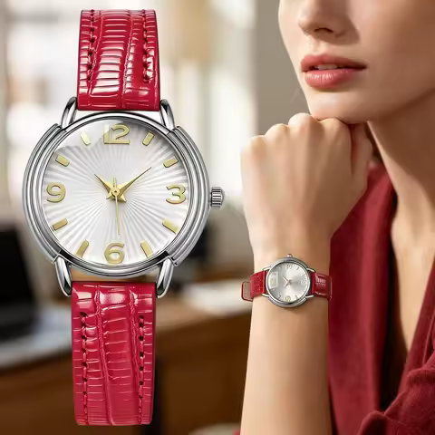 Elegant Ladies Silver Round Quartz Watches White Sunray Dial Gold Numerals Crocodile Leather Band Wo