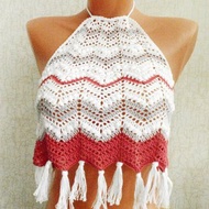 背心 T 恤上衣鉤針編織 沙灘上衣白紅針織