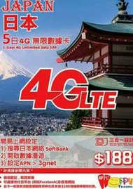日本 上網卡 5日 4G 1GB +128kbps 無限數據卡 SIM CARD