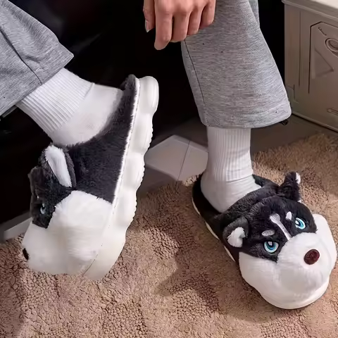 ZUOFU Cute Husky Dog Plush Slide Slippers Autumn Winter Soft Fuzzy Anti-Slip Comfort Indoor House Sl