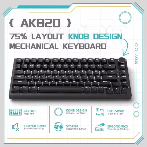 Ajazz AK820 75% Layout Wired Gaming Mechanical Keyboard Metal Adjustment Knob 82 Key Computer Office