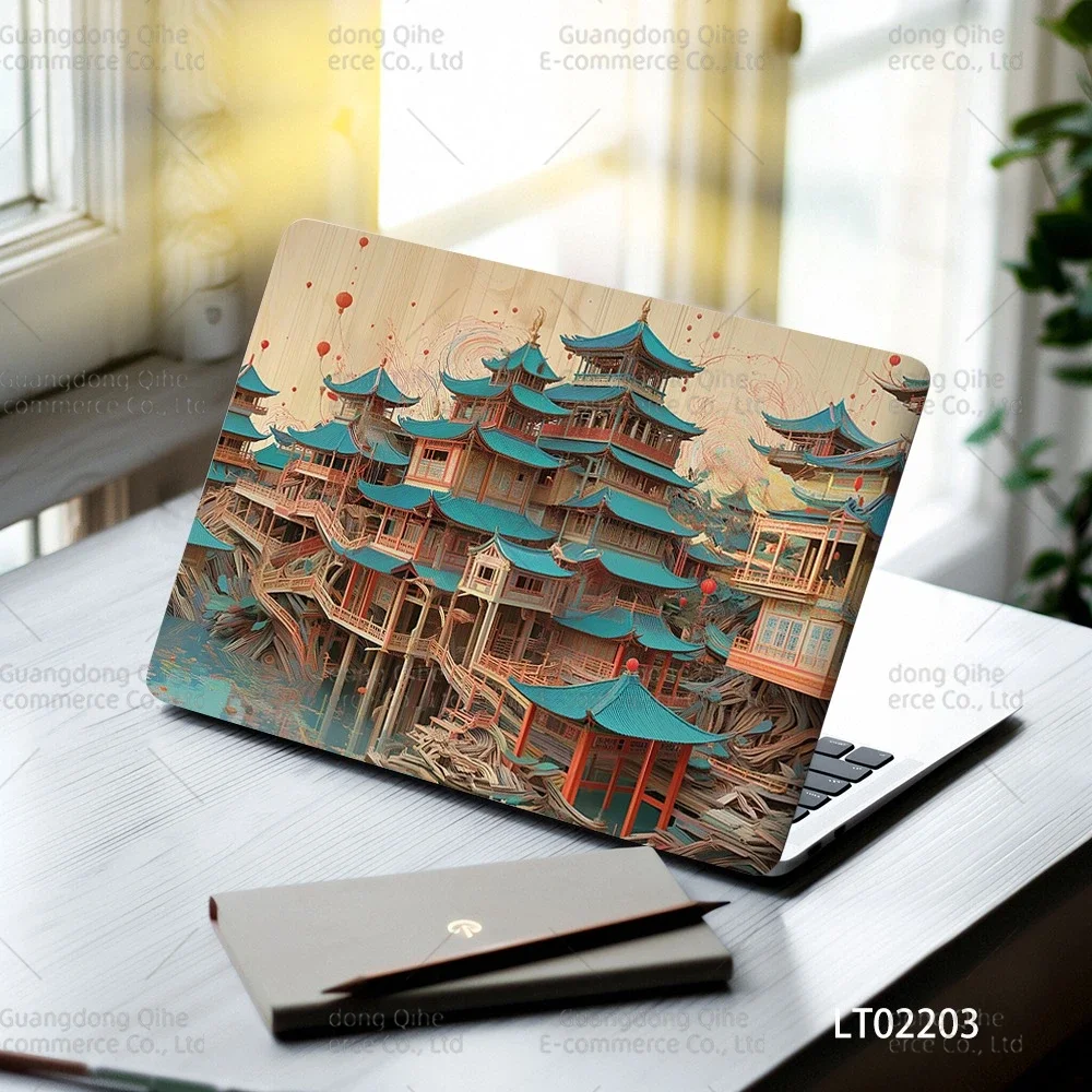 Oriental Building Art Laptop Stickers 2PCS Hand-Painted Chinese Pavilion & Temple Design Waterproof 